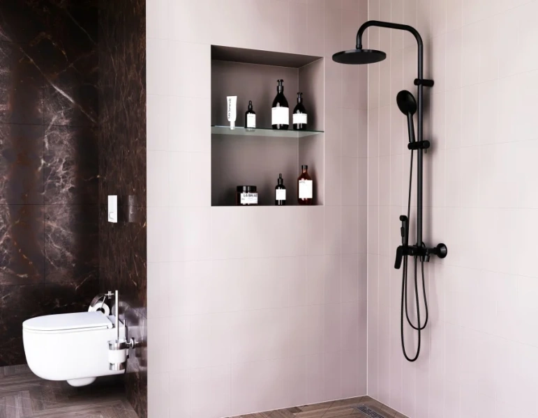 Душевая стойка Damixa Apollo со смесителем-полкой, черный матовый DX220910300 (детальная фотография), современные, hi-tech