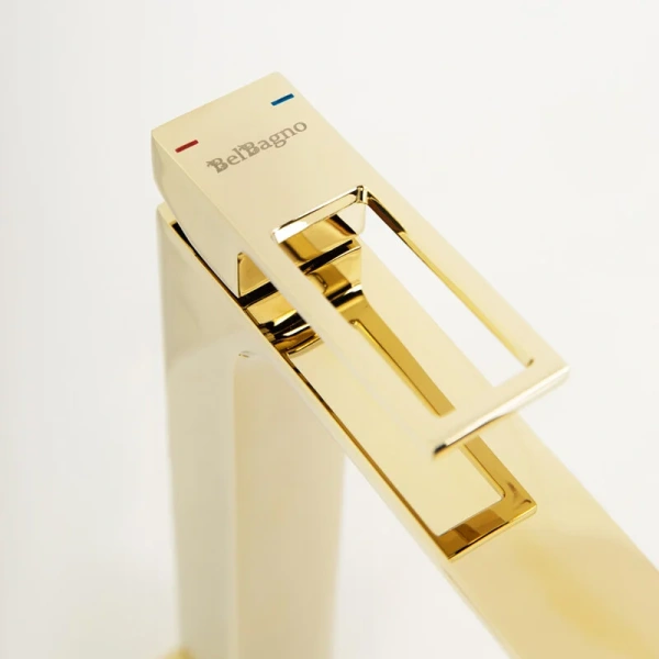 Смеситель для раковины BelBagno Luce без донного клапана золото LUC-LMC-ORO-W0 (детальная фотография), высокие, из латуни, недорогие, прямоугольная форма