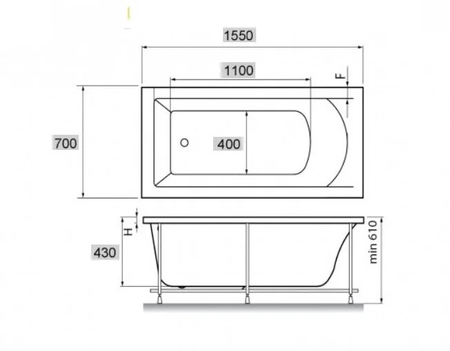 Ванна акриловая Vayer Milana 155 х 70 см, прямоугольная, белая Гл000024269 (детальная фотография), акриловые