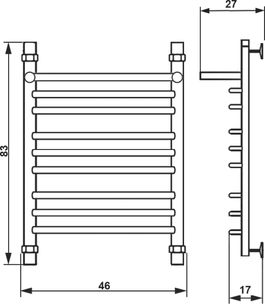 Полотенцесушитель водяной Ника Quadro 80x40 см хром Л 90 г2 ВП 80/40 (детальная фотография), современные, hi-tech