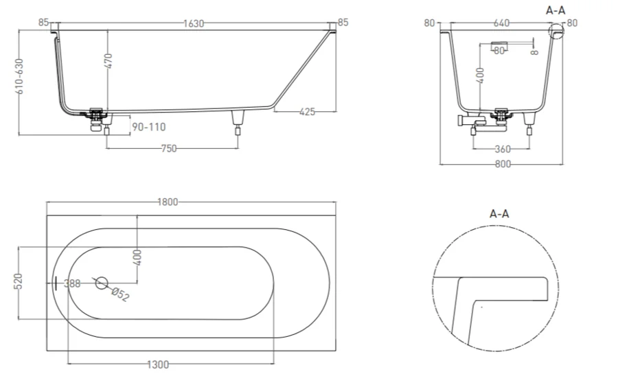 Ванна из искусственного камня Salini Ornella Kit 180x80 см S-Sense белая матовая 102412M (детальная фотография), современныe, hi-tech