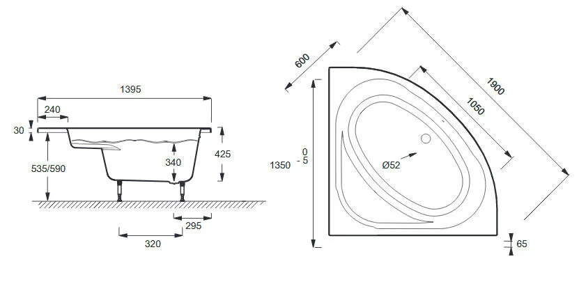 Ванна акриловая Jacob Delafon Domo 135х135 см с ножками E60223-00 (детальная фотография), акриловые