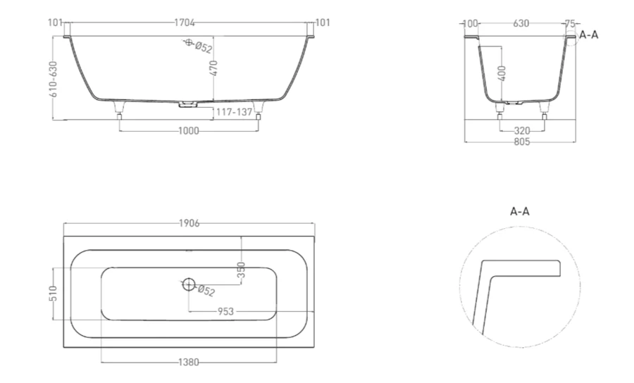 Ванна из искусственного камня Salini Orlando Axis 190 191,1x80 см S-Sense белая глянцевая 103211G (детальная фотография), литьевой мрамор