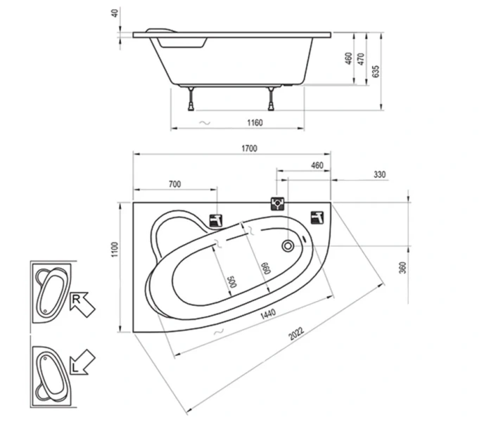 Ванна акриловая Ravak Asymmetric 170х110 см белая, левая C481000000 (детальная фотография), асимметричные