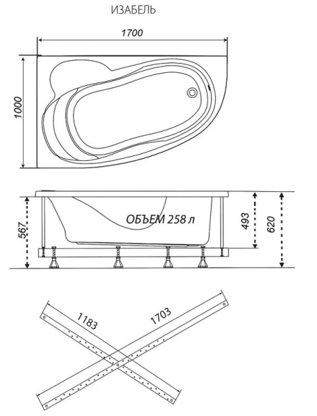 Ванна акриловая Triton OMP Изабель Щ0000048746/Щ0000048747, 170 x 100 см, левая/правая, белая (детальная фотография), 170 см