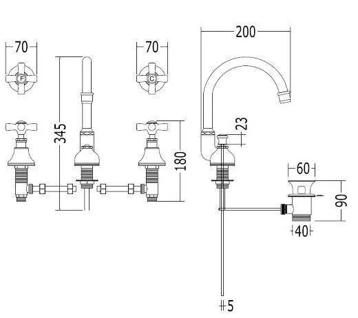 Смеситель для раковины, 3 отверстия, светлое золото, Devon&Devon White Rose UTWR700 (детальная фотография), для раковины