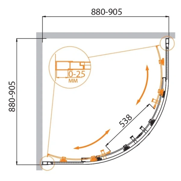 Душевой уголок Cezares Molveno 90х90 см стекло прозрачное MOLVENO-R-2-90-C-Cr-IV (детальная фотография), полукруглые, четверть круга