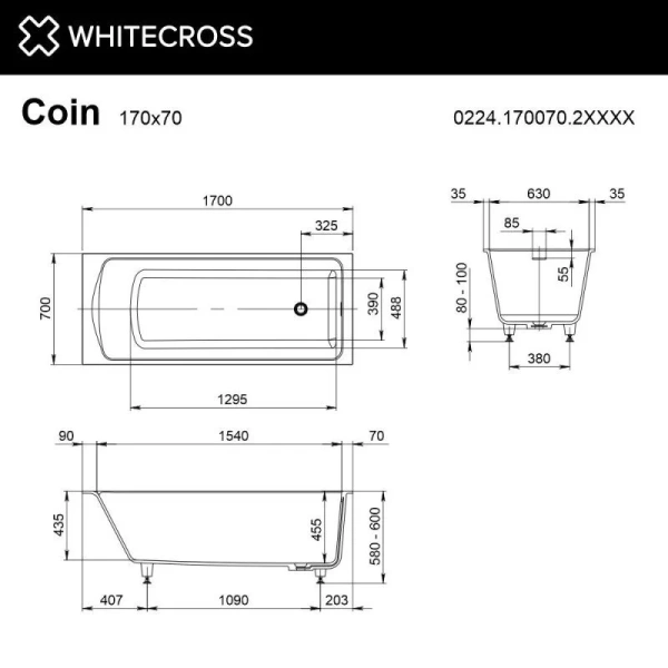 Ванна Whitecross Coin 0224.170070.2XXXX, 170 х 70 см, искусственный камень, покраска по RAL, поверхность матовая (детальная фотография), искусственный камень