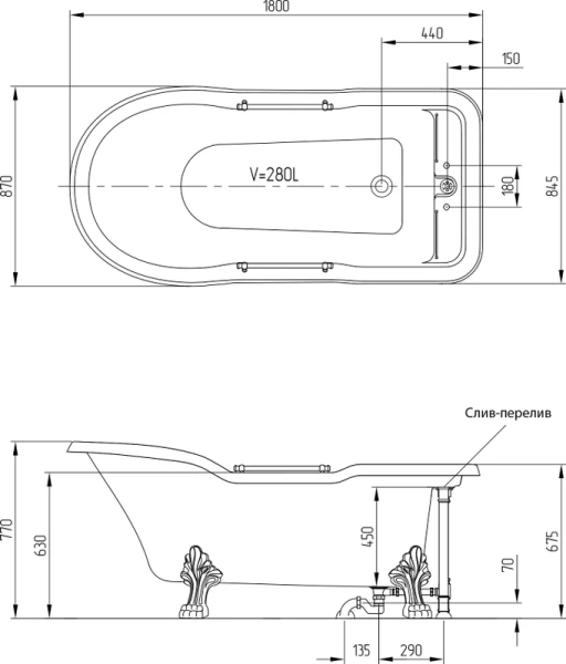 Ванна из искусственного камня Migliore Impero 180х87 см фурнитура хром 25268 (детальная фотография), ретро, в классическом стиле, прованс, декорированныe