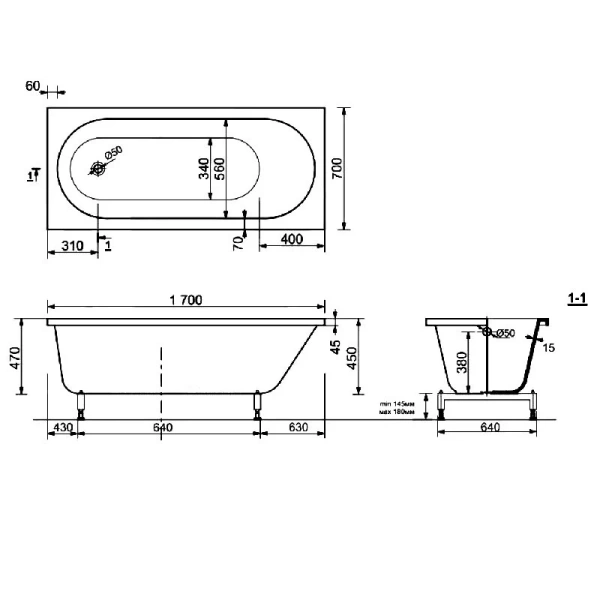 Ванна из искусственного камня Aquanet Lotos AQ-00348172, 170 x 70 см, цвет белый (детальная фотография), искусственный камень