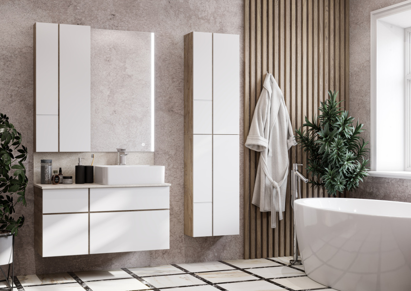 Шкаф подвесной Акватон Мишель 43 см дуб эндгрейн, белый 1A244203MIX40 (детальная фотография), подвесные