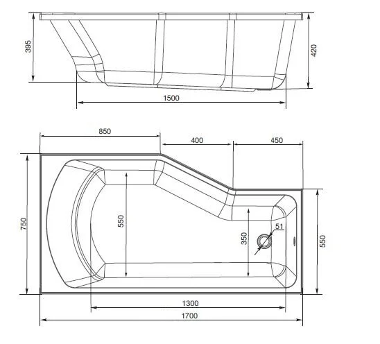 Ванна акриловая Creto Karmen 33-17075L/33-17075R, 170 x 75, левая/правая, белый (детальная фотография), белые