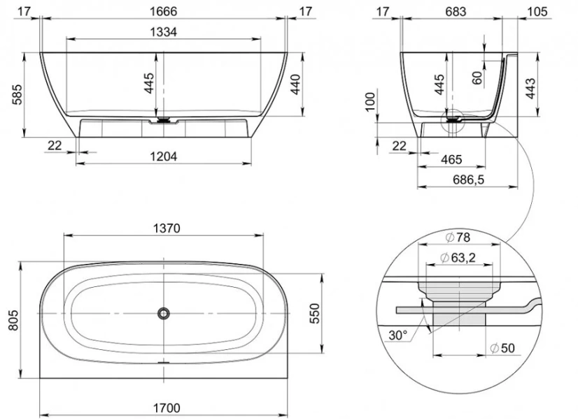 Ванна из искусственного камня Radostone Simona VSMA10000170, 170 x 80 см, белый матовый (детальная фотография), искусственный камень