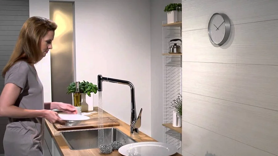 Смеситель для кухни Hansgrohe Metris Select сталь 14884800 (детальная фотография), высокие, округлая форма