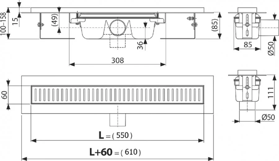 Душевой лоток Alcaplast 55 см с перфорированной решеткой APZ1SMART-LINE-550 (детальная фотография), душевой лоток