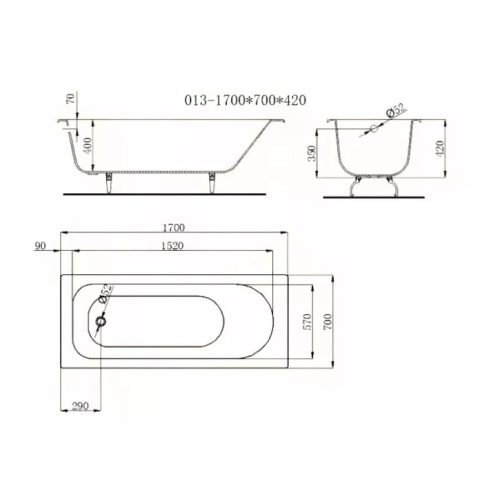 Ванна чугунная Byon B13 170x70 см без ручек V0000220 (детальная фотография), чугунные