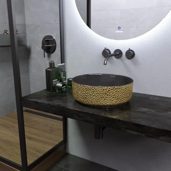 Раковина Grossman Color 35.5 см золото/черная с текстурой кожи GR-5010GBL (детальная фотография), накладные (на столешницу)