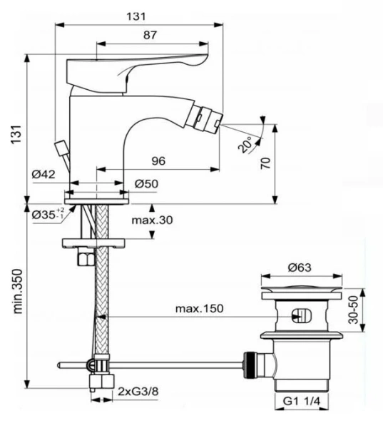 Смеситель для биде Ideal Standard Dot 2.0 с донным клапаном, хром BC324AA (детальная фотография), для биде