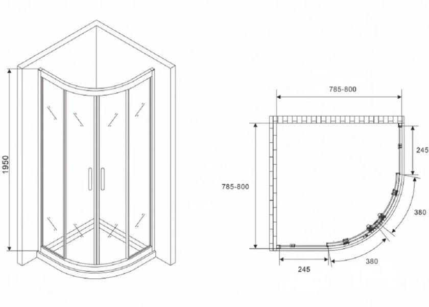 Душевой уголок Abber Schwarzer Diamant 80x80 см стекло матовое AG01080M (детальная фотография), полукруглые, четверть круга