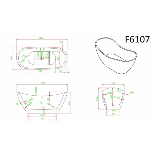 Ванна акриловая Frank F6107, 12520, 170 х 75 см, цвет белый/черный (детальная фотография), акриловые