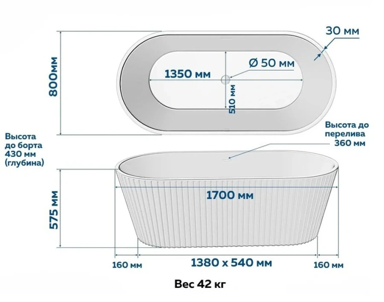 Ванна акриловая Corpa Nera Bonini CN130111, 170 х 80 см, белый матовый (детальная фотография), акриловые