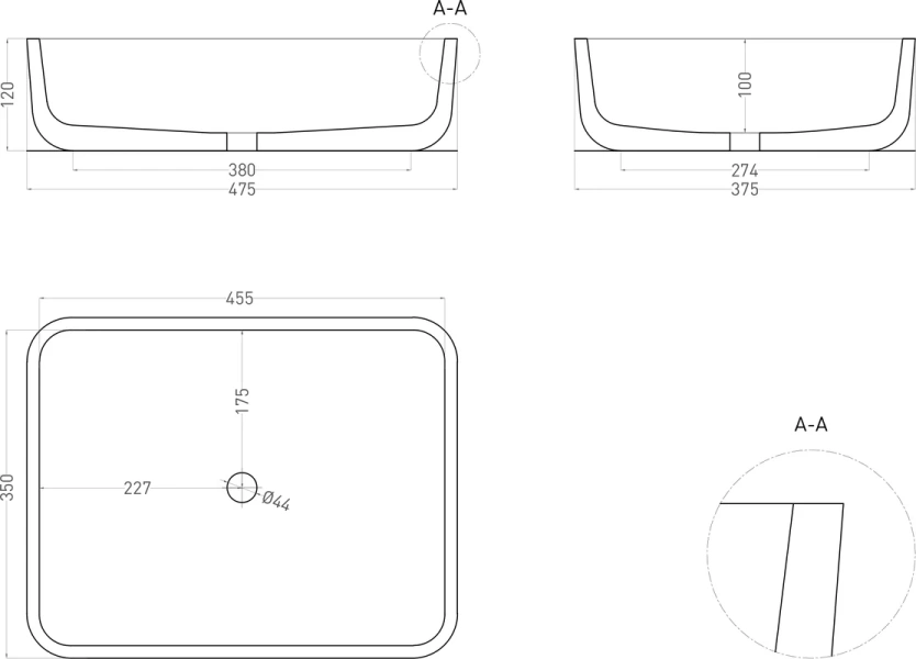 Раковина Salini Gloria 09 47 см белый матовый 1102209M (детальная фотография), прямоугольной формы