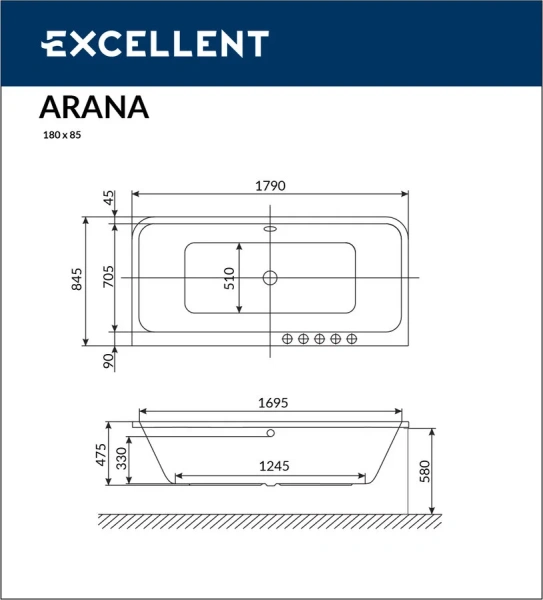 Ванна акриловая Excellent ARANA 180 x 85 см WAEX.ARA18WH (детальная фотография), 180х85