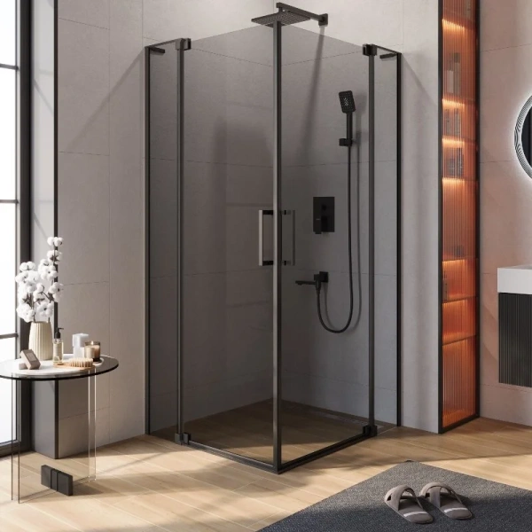 Душевой уголок Cezares Slider 100x100 см стекло серое профиль чёрный SLIDER-A-2-90/100-GRIGIO-NERO (детальная фотография)