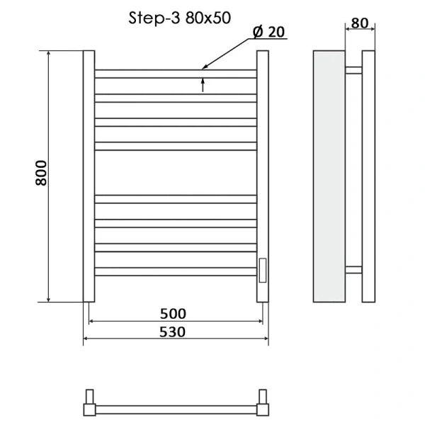 Полотенцесушитель электрический Ника Step 80х50 см черный матовый STEP-3 80/50 черн мат U (детальная фотография), современные, hi-tech