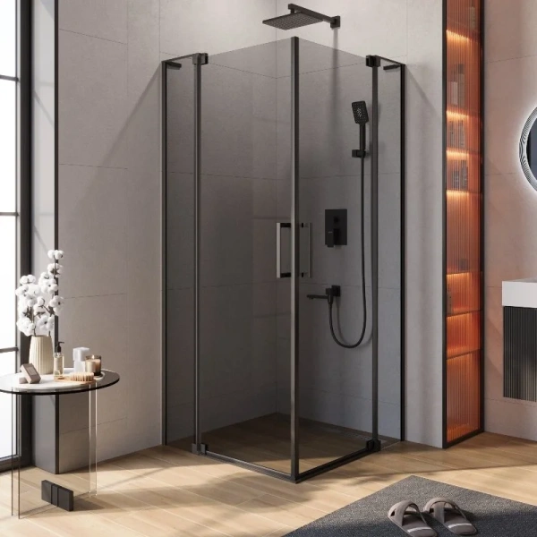 Душевой уголок Cezares Slider 90х90 см стекло серое профиль чёрный SLIDER-A-2-80/90-GRIGIO-NERO (детальная фотография)