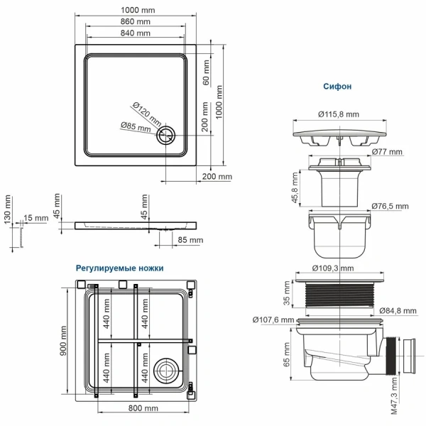 Душевой поддон WasserKRAFT Amper 100x100 см белый 29T19 (детальная фотография), квадратные