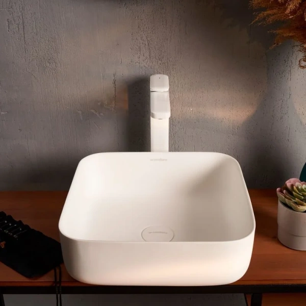 Раковина Montebianco Loreto Piazza 36 см белая матовая 12018 (детальная фотография), маленькие, в форме чаши, квадратная