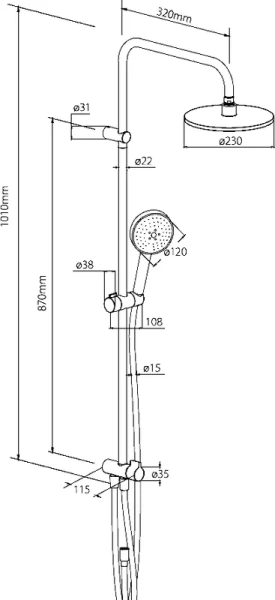 Душевая стойка Damixa Origin Bit с верхним и ручным душем, черная 977700300 (детальная фотография), без излива