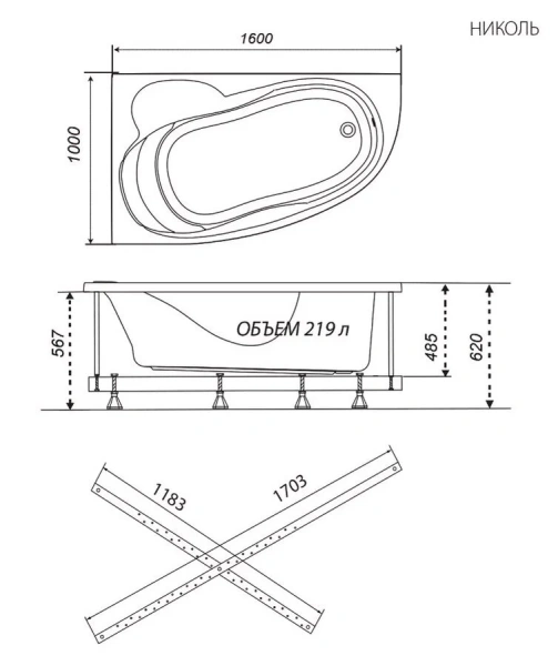 Ванна акриловая Triton OMP Николь Щ0000048679/Щ0000048680, 160 x 100 см, левая/правая, белая (детальная фотография), без гидромассажа, недорогие