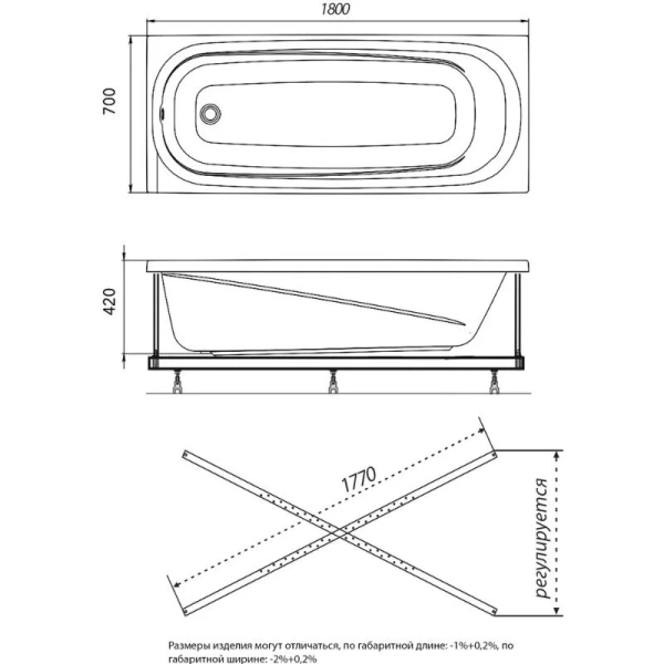 Ванна акриловая Diwo Кострома 180 x 70 см, с каркасом, цвет белый, Щ0000046592/Щ0000048582 (детальная фотография), акриловые