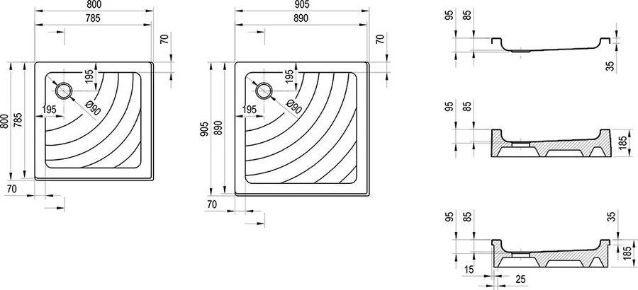 Душевой поддон Ravak Kaskada Angela PU 80x80 см белый A004401120 (детальная фотография), средние от 15 до 30 см
