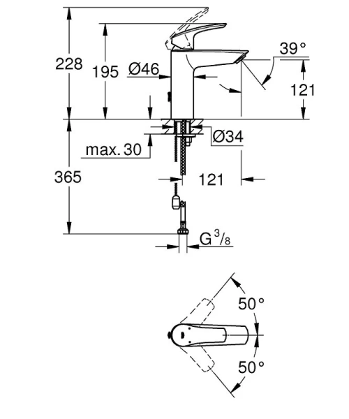 Смеситель для раковины Grohe Eurosmart с цепочкой 23323003 (детальная фотография), для раковины