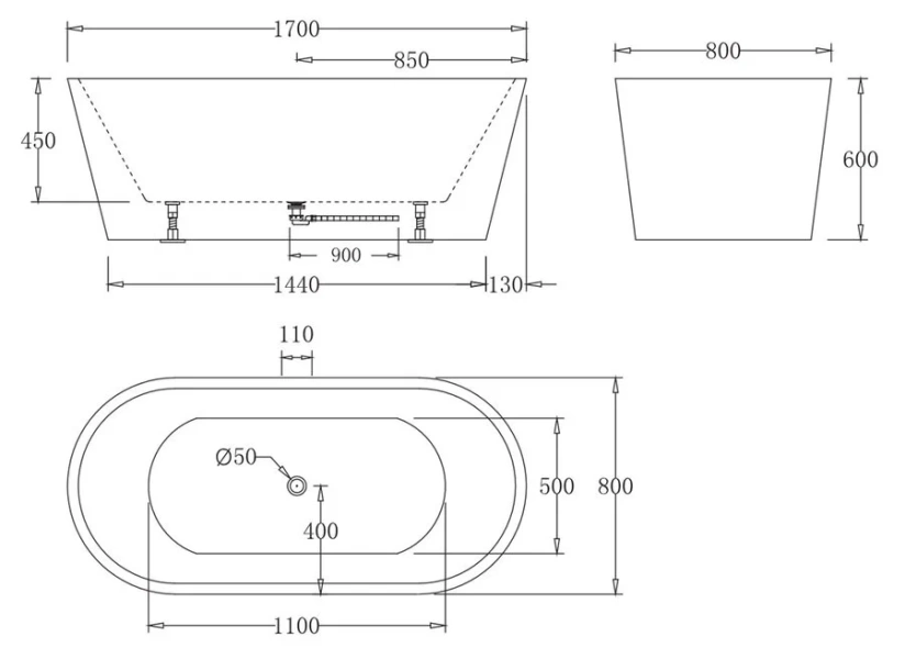 Ванна акриловая BelBagno 170x80 см без слива-перелива BB71-1700-W0 (детальная фотография), акриловые