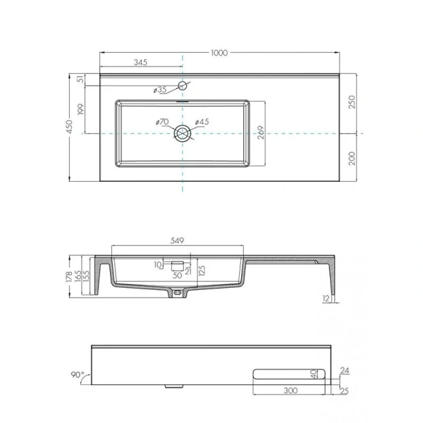 Раковина Акватон Квадро Про 100 см левая 1A733331QA01L (детальная фотография), современные, hi-tech