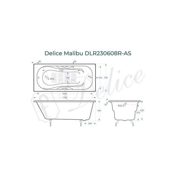 Ванна чугунная Delice Malibu DLR230608R-AS 170x70 приставная (детальная фотография), чугунные