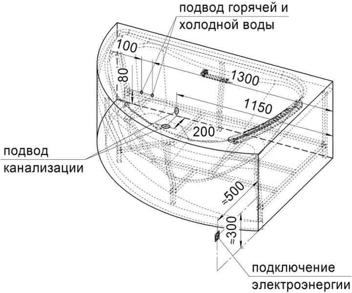 Акриловая ванна Радомир Альбена 1-01-0-1-1-015, 168 x 120 см, левая, каркас, подголовник в комплекте, белая (детальная фотография), 170 см