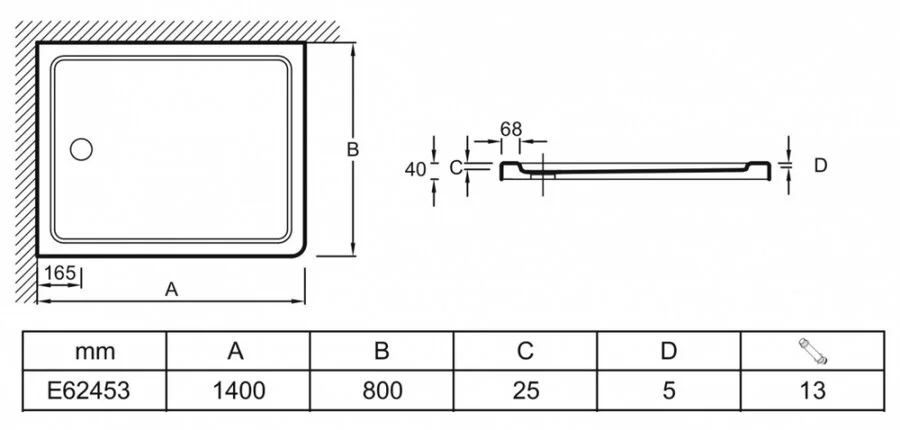 Душевой поддон Jacob Delafon Flight 140x80 см с антискользящим покрытием E62453-F-00 (детальная фотография), низкие до 15 см