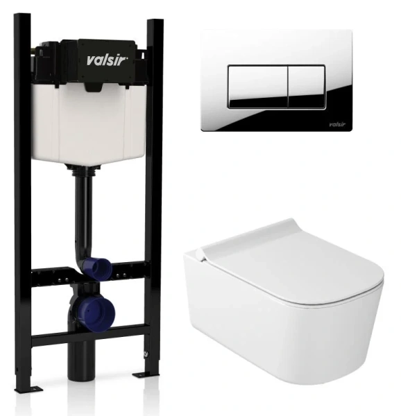 Унитаз с инсталляцией Valsir MEG11PRO с клавишей хром KIT VSCR 5486 Slim P1 (детальная фотография)