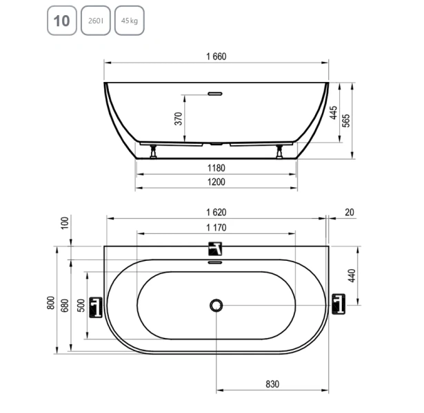 Ванна акриловая Ravak Freedom W XC00100045, 169 x 80 см, белая, слив-перелив белый (детальная фотография), приставные, встраиваемые