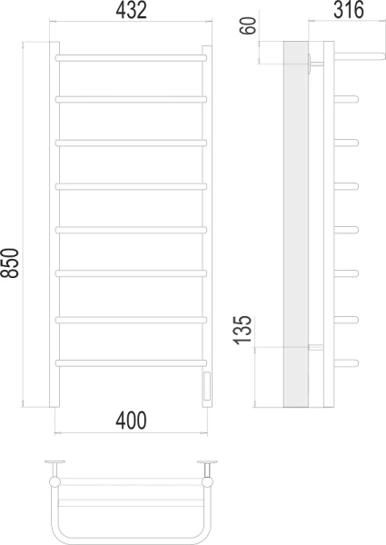 Полотенцесушитель электрический Terminus Полка П8 400x850 хром 4670078531445 (детальная фотография), современные, hi-tech