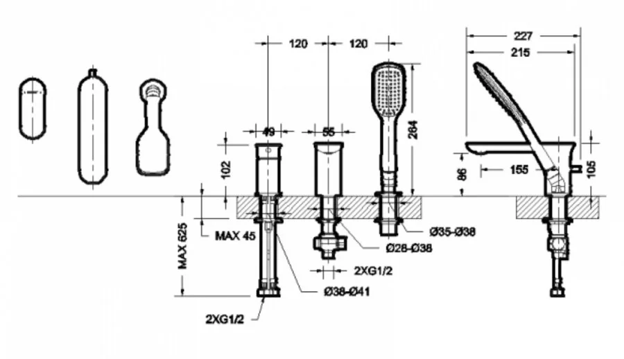 Смеситель для ванны Bravat Gina на 3 отверстия F565104C-2-ENG (детальная фотография), для ванны