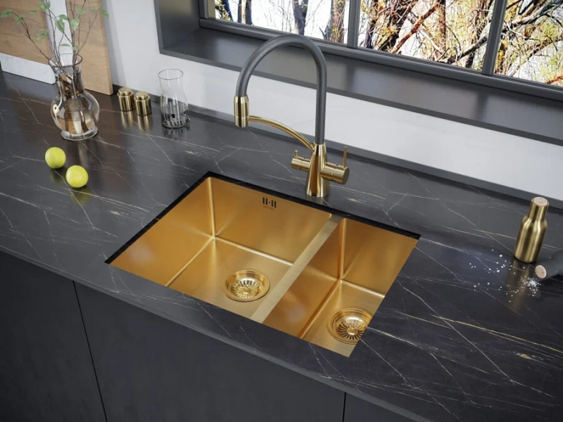 Мойка для кухни Paulmark Zusat 59 см брашированное золото, левосторонняя PM225944-BGL (детальная фотография), прямоугольной формы