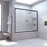 Душевая шторка на ванную профиль черный матовый стекло прозрачное Vegas-glass