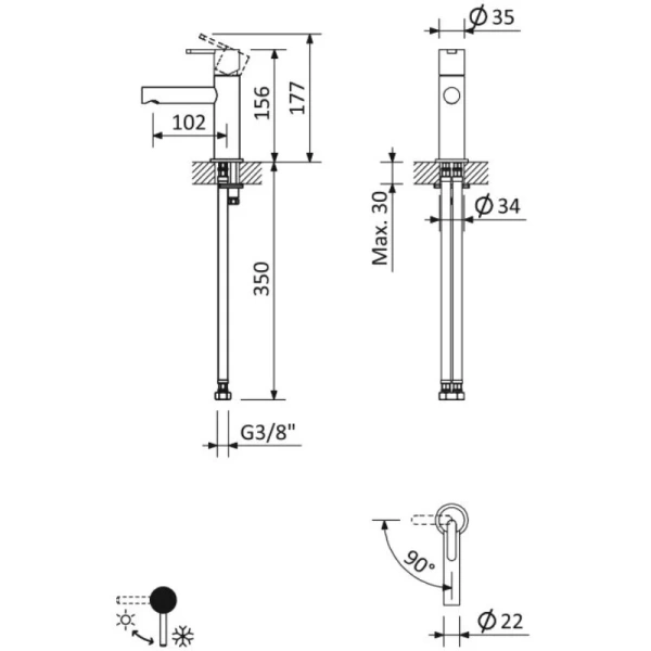 Смеситель для раковины Cezares LEAF-LSM1-L с донным клапаном (детальная фотография), для раковины