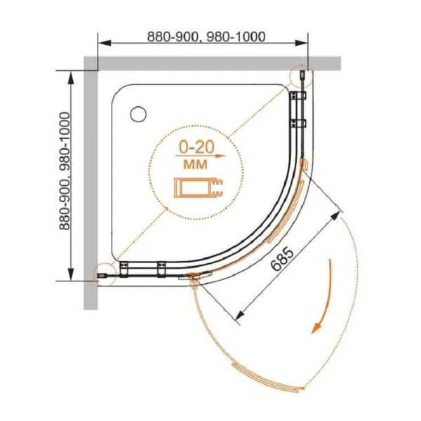 Душевой уголок Cezares Bergamo 90х90 см правый BERGAMO-W-R-1-90-ARCO-C-Cr-R-IV (детальная фотография), хром